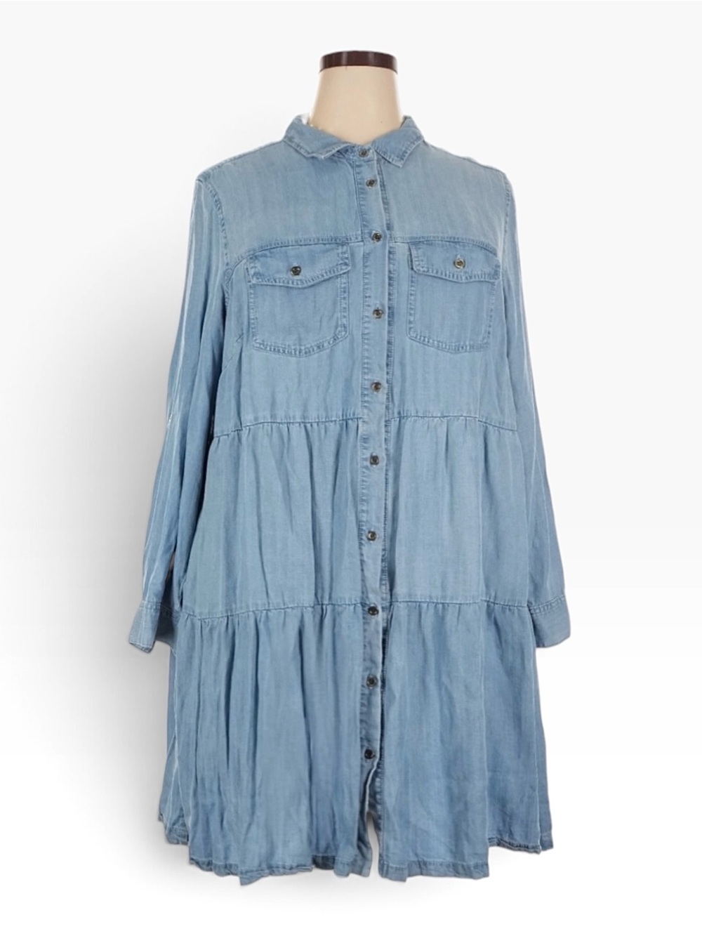 Velvet Heart Bree Dress 1X Blue Tencel Chambray Tiered Button Front Shirt